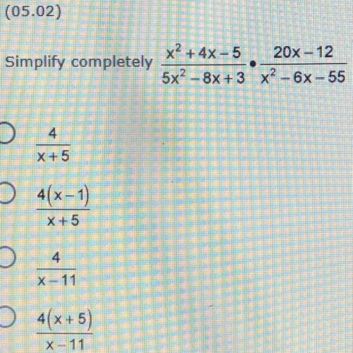1.) Simplify completely x2-4x4 over x2+10x+25 times x+5 over x2+3x-10 A. x-2/x+5 B. x-2/(x+5)^2 C. (