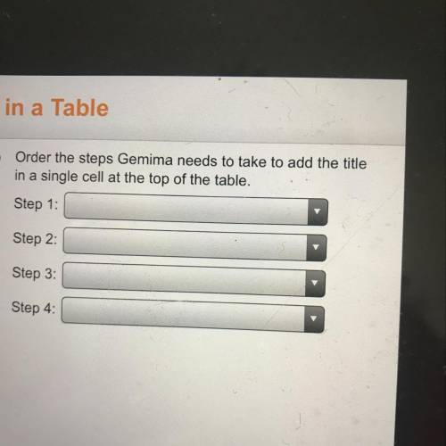 Order the steps Gemima needs to take to add the title in a single cell at the top of the table. Step