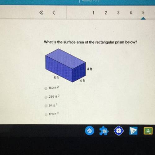 Please help.. What is the surface area of the rectangular prism below? 160 ft 265 ft 64 ft 128 ft