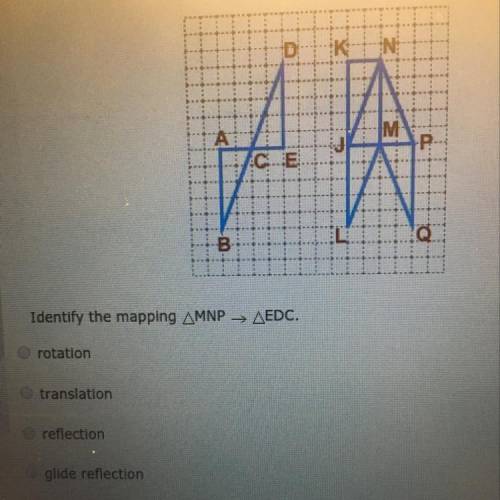 Identify the mapping triangle MNP -> triangle EDC A.) rotation B.) translation C.) reflection D.)