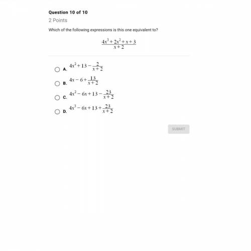 Which of the following expressions is this one equivalent to  4x^3+2x^2+x+3/x+2 Options are in image