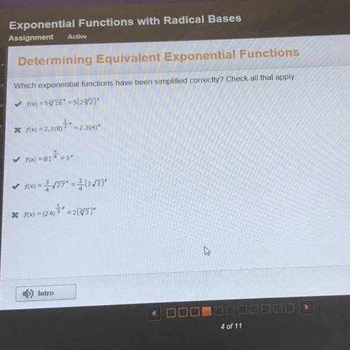 Which exponential functions have been simplified correctly? Check all that apply. ✓ FOX) = 5V16* = 5
