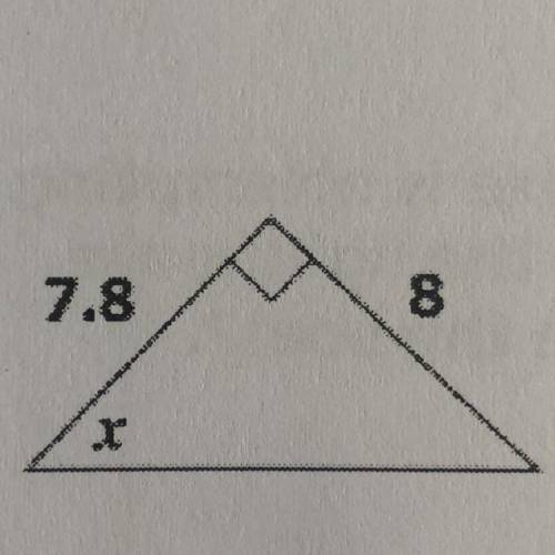 A right triangle is shown.  Which angle measure is closest to the value of x ?  A 43.9° B 44.3° C 35