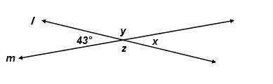 Line l and line m are straight lines. What is the measure of angle y? 43° 47° 137° 147°