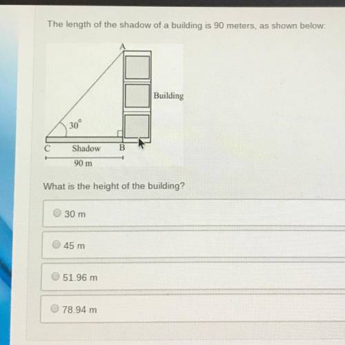 (05.02 MC) The length of the shadow of a building is 90 meters, as shown below: What is the height o
