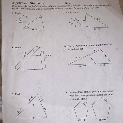 Algebra and similarity of triangles See Attachment 6 questions Made wort 20 points