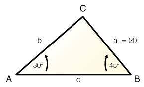 ABC is an obtuse triangle. Given that CB = 20, the measure of A = 30°, and the measure of B = 45°, w