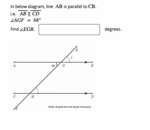 In below diagram, line AB is parallel to CB. i.e. AB∥CD ∠AGF = 68° Find ∠EGB.
