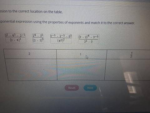 Drag each expression to the correct location on the table. Simplify each exponential expression usin