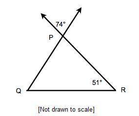 What is the measure of Angle P Q R? Triangle P Q R. Angle R is 51 degrees. The lines of sides Q P an