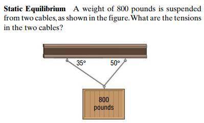A weight of 800 pounds is suspended from two cables. What are the tensions in the two cables?