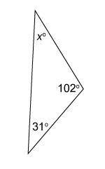 PLEASE ANSWER!!!What is the measure of angle x?Enter your answer in the box. m∠x= °A triangle with t
