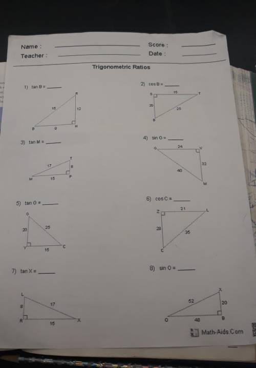 Trigonometric ratios worksheet from math aids