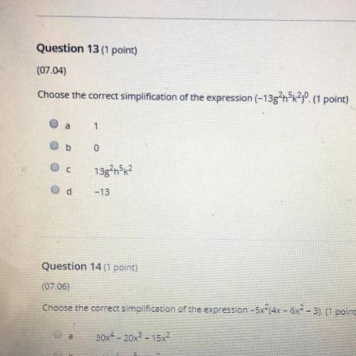 Helppppp Choose the correct simplification of the expression (-13g^2h^5k^2)^0