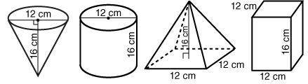 Which container will hold the most? (Use 3.14 for π .)A. Cone B. Cylinder C. Rectangular Prism D. Sq