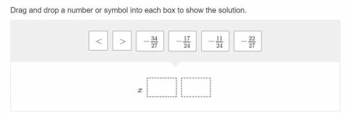 Solve.-4/3x + 1/6 < 7/9Drag and drop a number or symbol into each box to show the solution.<,