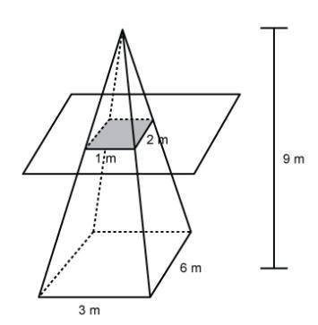 A right rectangular pyramid is sliced parallel to the base, as shown. What is the area of the result