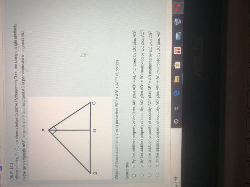 Hillary is using the figure shown below to prove Pythagorean Theorem using triangle similarity: In t