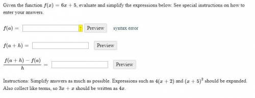 Given the function f(x)=6x+5, evaluate and simplify the expressions below. See special instructions