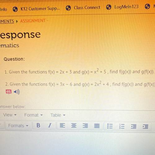USATest Prep Question: 1. Given the functions f(x) = 2x + 3 and g(x) = x^2 + 5, find f(g(x)) and g(f