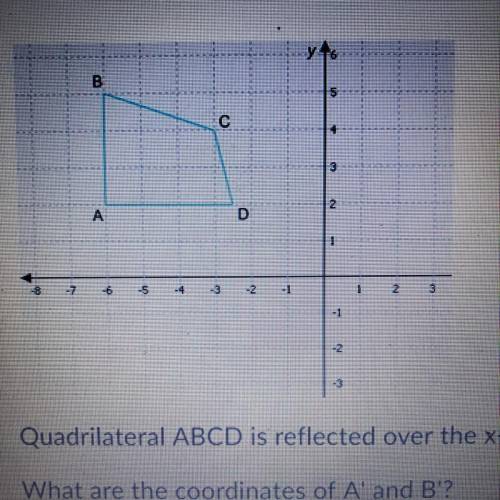 Quadrilateral ABCD is reflected over the x-axis to create quadrilateral A'B'C'D! What are the coordi
