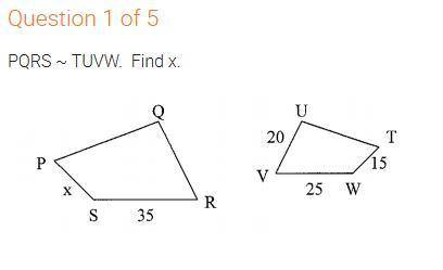 Quadrilateral PQRS is similar to quadrilateral TUVW. Find the value of x.