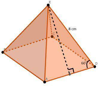 The following picture is a square pyramid where DE=8 cm and m∠ADE=60°. Find the surface area of the