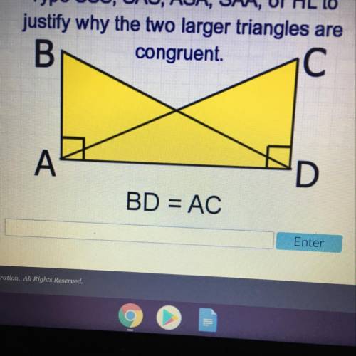 Type SSS, SAS, ASA, SAA, or HL to justify why the two larger triangles are congruent