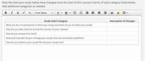 Describe how your study habits have changed since the start of this course in terms of each category