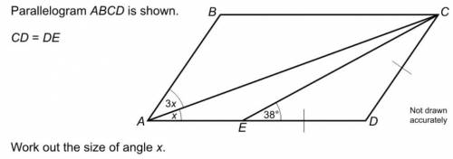 Parallelogram ABCD is shown. CD=DE Work out the size of angle x.