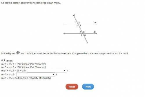 Select the correct answer from each drop-down menu. In the figure, , and both lines are intersected