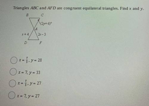 Triangles ABC and AFD are congruent equilateral triangles. Find x and y.