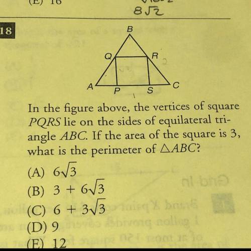 In the figure above, the vertices of square PQRS lie on the sides of equilateral triangle ABC. If th