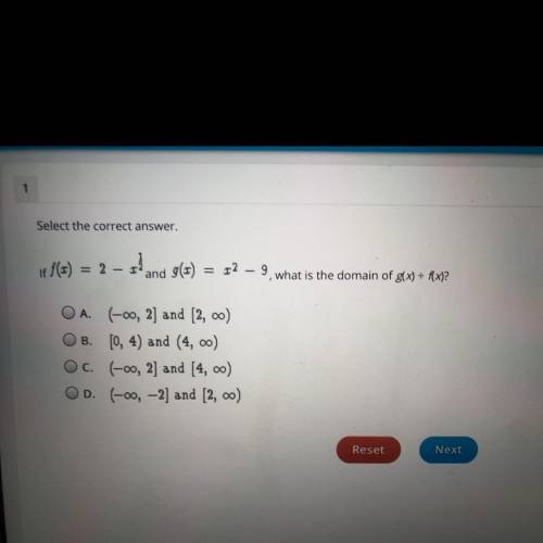 HELP PLEASE ASAP If f(x) = 2 - x1/2 and f(g) = x^2-9, what is the domain of g(x) divided by f(x) ans