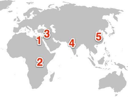 Which number is FURTHEST AWAY from the area of Ancient China?A) 1 B) 3 C) 4 D) 5