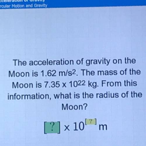 The acceleration of gravity on the Moon is 1.62 m/s2. The mass of the Moon is 7.35 x 1022 kg. From t