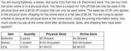 You are buying batteries, a stereo, and some CDs from the I.B. Electronics store. You can buy from t