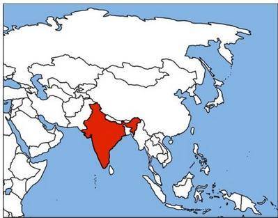 The area in red represents what country? A) Asia  B) China  C) India  D) Russia