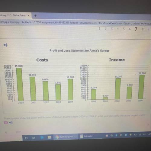 These graphs show the costs and income of Alena’s business from 2000 and 2004. In what year did Alen