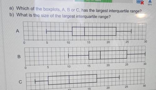 A) Which of the boxplots, A, B or C, has the largest interquartile range?b) What is the size of the