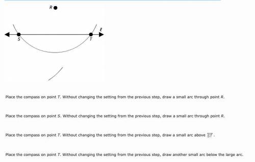 Look at the figure. Which step should be taken next to construct a line through point R that is perp