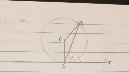 B R S are two points on a circle,Centre O.TS is a tangent to the circle.Angle RST = xProve that ROS=
