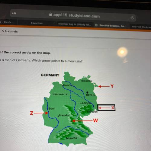 The picture shows a map of Germany. Which arrow points to a mountain?