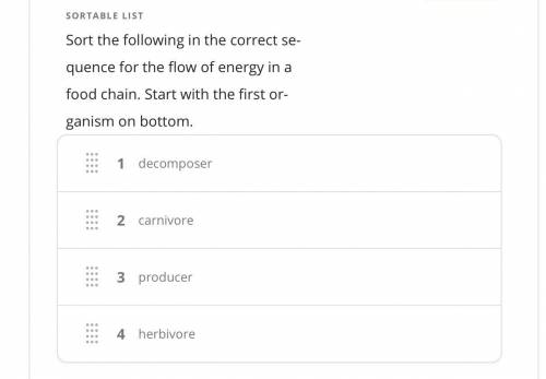 Sort the following in the correct sequence for the flow of energy in a food chain. Start with the fi