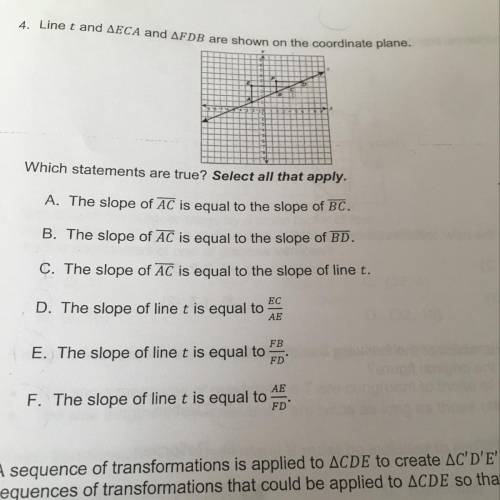 4. Line t and AECA and AFDB are shown on the coordinate plane Which statements are true? Select all