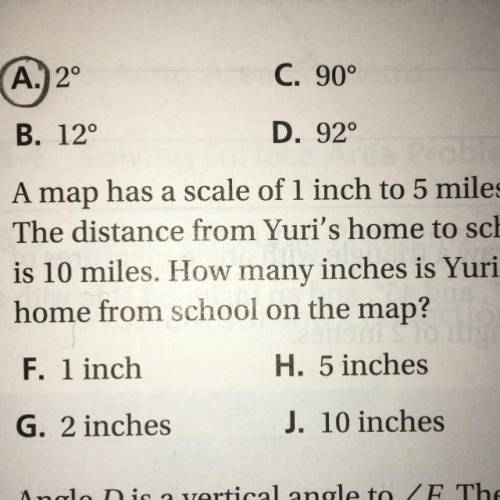A map has a scake of 1 inch to 5 miles . The distance from Yuri’s home to school is 10 miles . How m