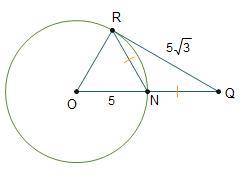 Points N and R both lie on circle O. Line segment RQ is tangent to the circle at point R.What is the