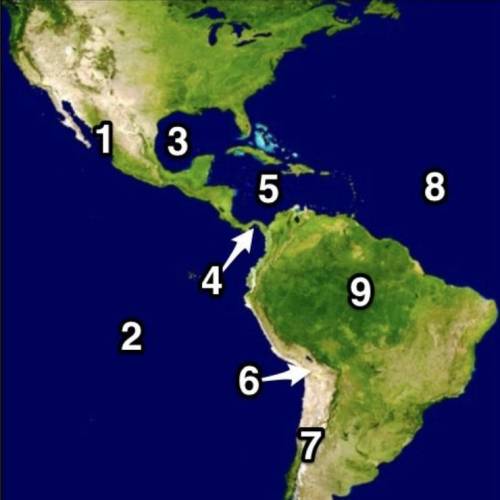 Which number on the map represents the Caribbean Sea? A)2 B)3 C)5 D)8