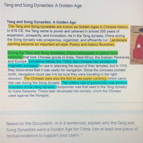 In 4-6 sentences explain why the tang and Song Dynasty were a golden Age for China. Use at least one