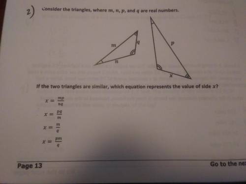 Please help! If the two triangles are similar, which equation represents the value of side x?